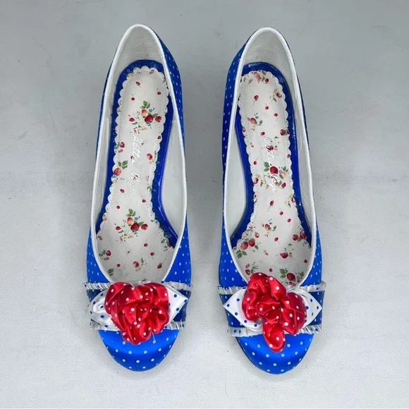 Bettie Page blue polka dot red bow pump - Picture 2 of 10